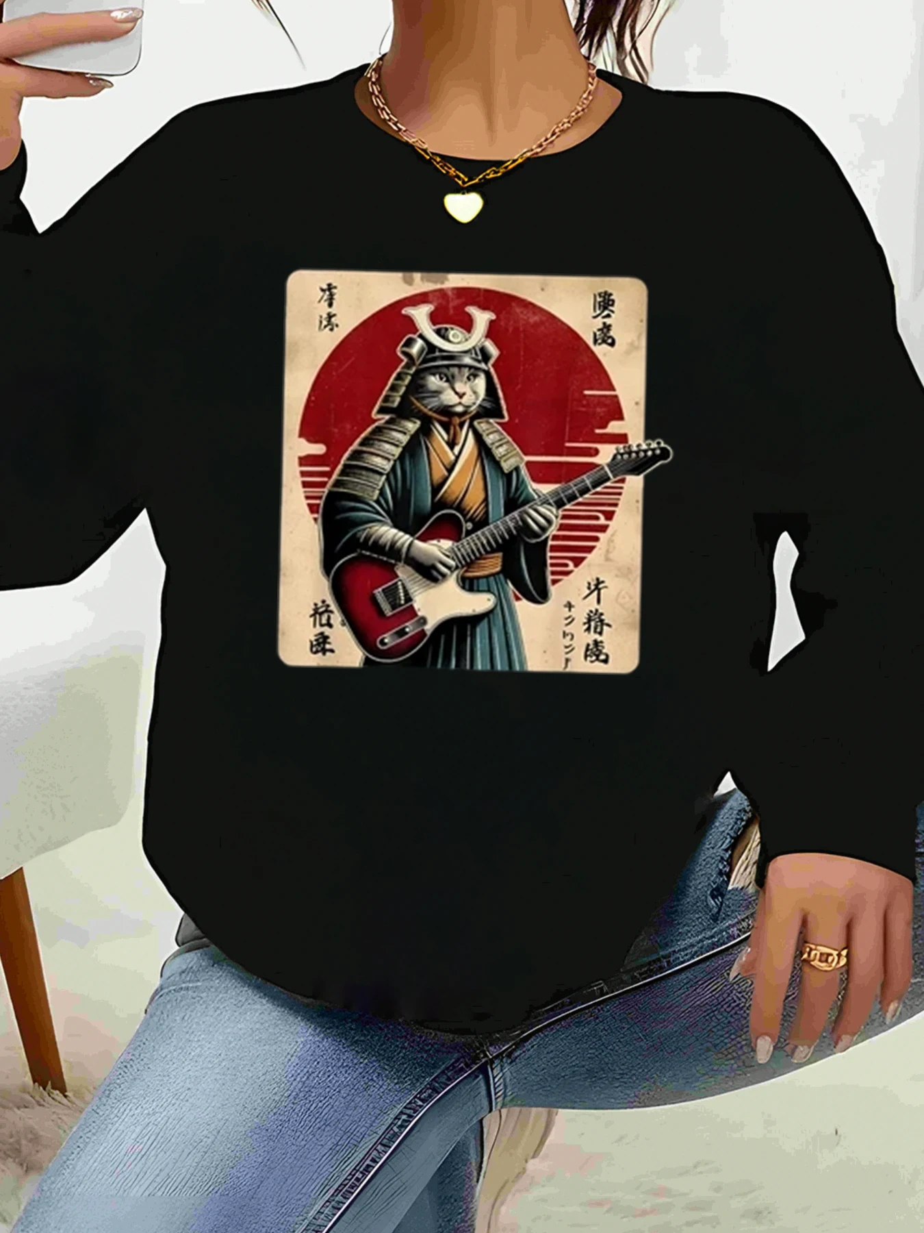 

Футболка с длинным рукавом и принтом гитары Cat Samurai, повседневная одежда на Хэллоуин, женская одежда