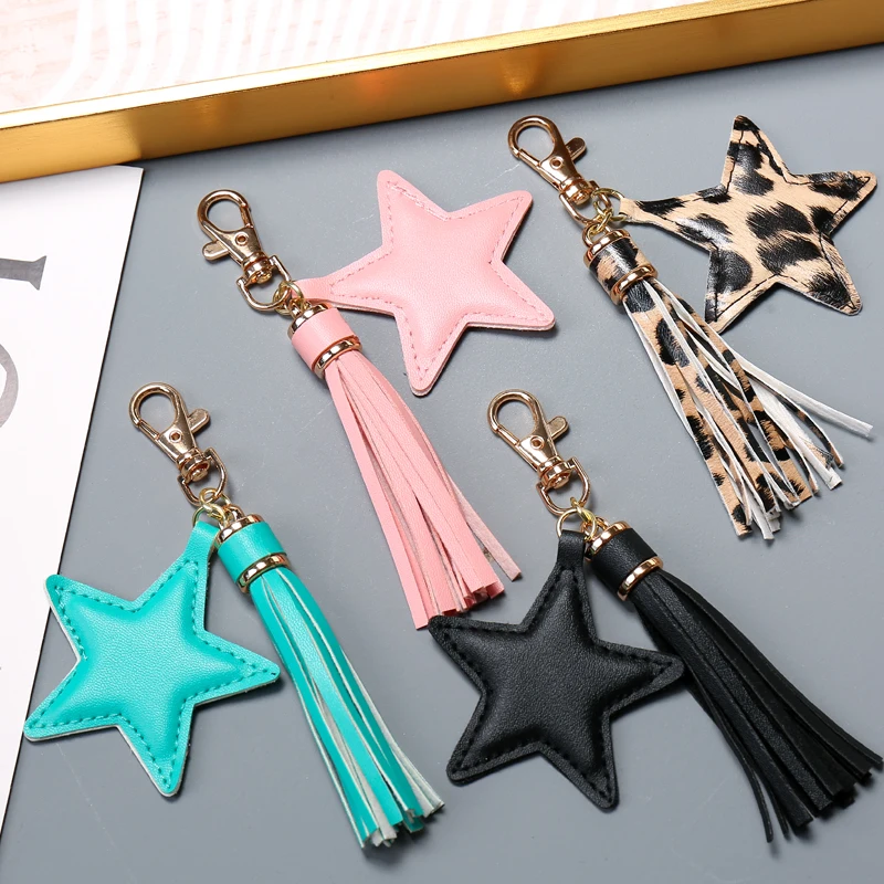 Sansango PU leather Tassel Key Chain for Women Girl Star Pendant Lobster Clasp Key Rings Bag Accessories