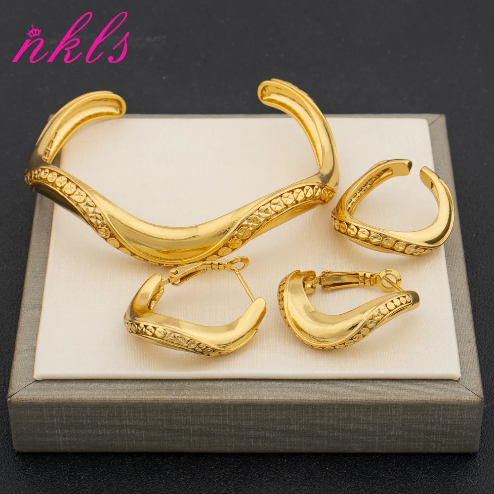 

Luxury Gold-Plated Set for Bride | Spiral Clip Earrings Necklace Bracelet Ring Engagement Party Gift Women