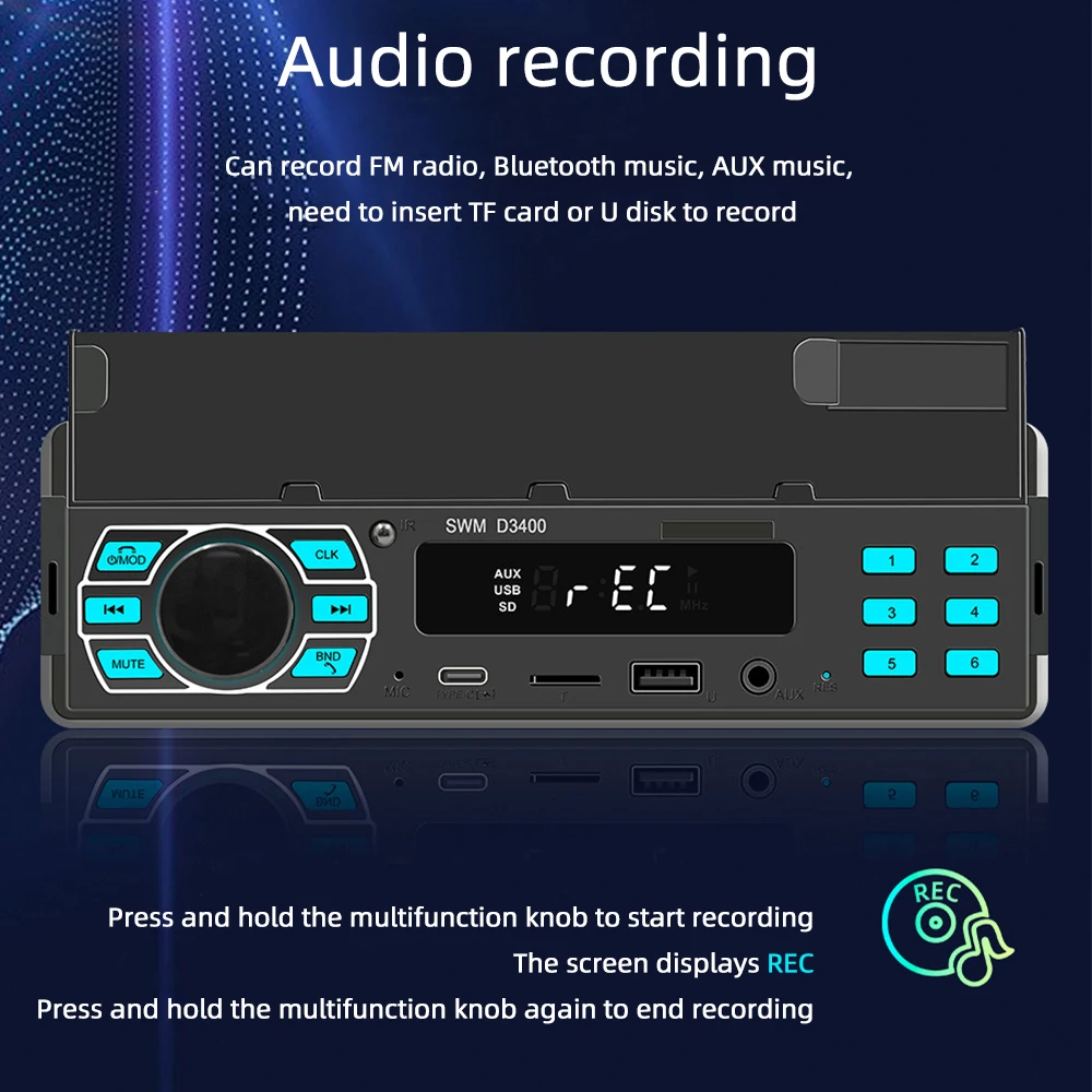 1 DIN FM Car Stereo Bluetooth Automotive Radio TYPE-C/USB/TF/AUX Positioning and Car Search 45Wx4 Car Radio Mobile phone holder