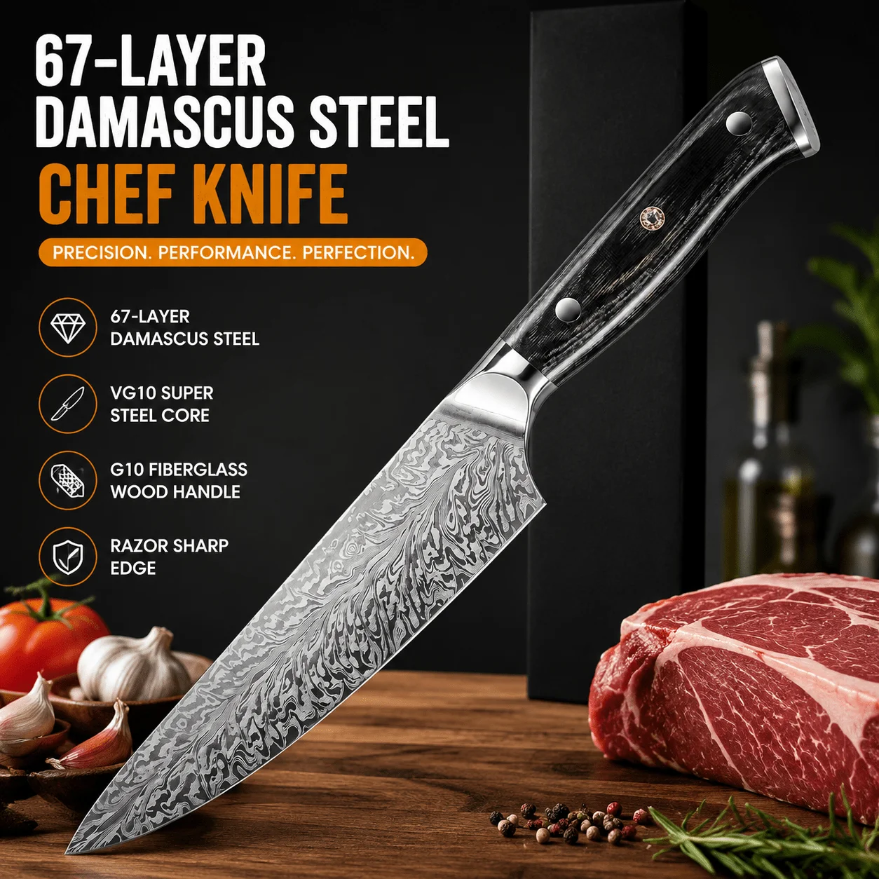 

Damascus Chef Knife Ultra Sharp&Durable–VG10 High Hardness Stainless Steel Wood Handle Multi-Purpose Slicing for Home–Gift Box