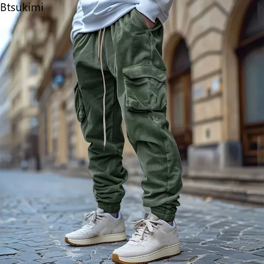 2025 Men's Corduroy Pants Loose Casual Vintage Cargo Pants Multi Pocket Design Men Drawstring Harem Trousers Joggers Sweatpants