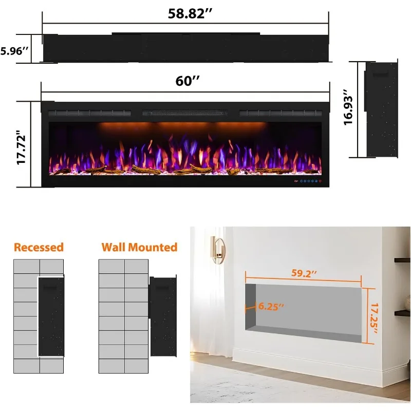 Chimenea eléctrica de 60 pulgadas, chimenea eléctrica delgada empotrable y montada en la pared, chimenea con calentador de 750/1500 vatios