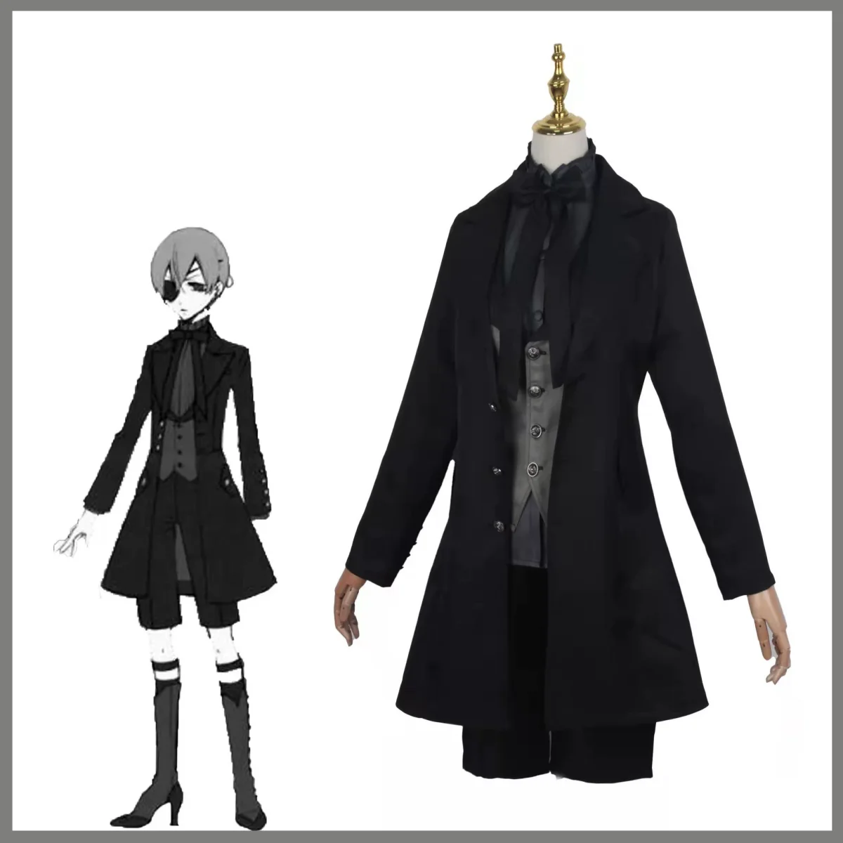 Anime Ciel Phantomhive Smile Cosplay Costume Wig Black Tuxedo Coat Shirt Uniform Full Set Man Woman Carnival Suit - view 3