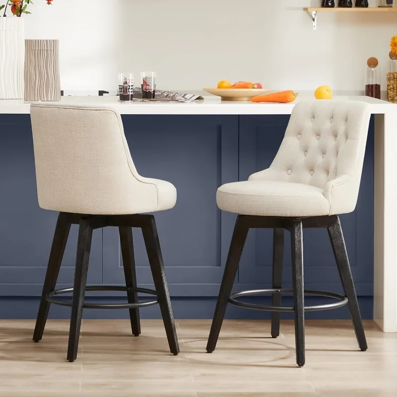 Modern Swivel Bar Stools Performance Fabric Upholstered Counter Height Bar Stool with Back Solid Wood Legs 26