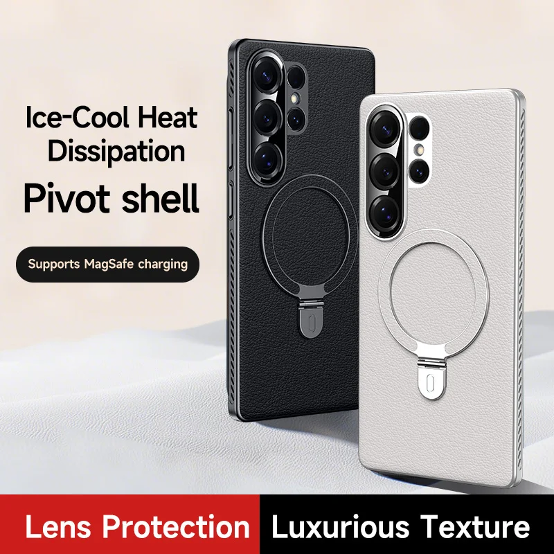 

New 360 Rotatable Metal Stand Case For Samsung Galaxy S24 Ultra S25 Ultra Heat Disspation Vegan Leather Cover Eco-Friendly Shell
