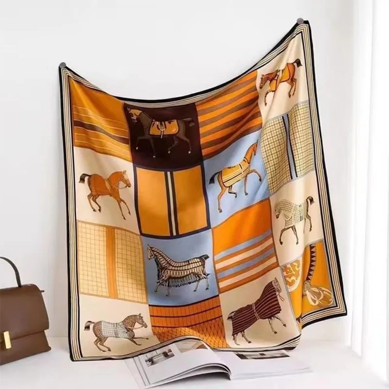 Foulard carré imprimé cheval de luxe pour femmes, châle Vintage en Imitation soie, coupe-vent, enveloppe de tête pour l'extérieur, nouvelle collection 2025