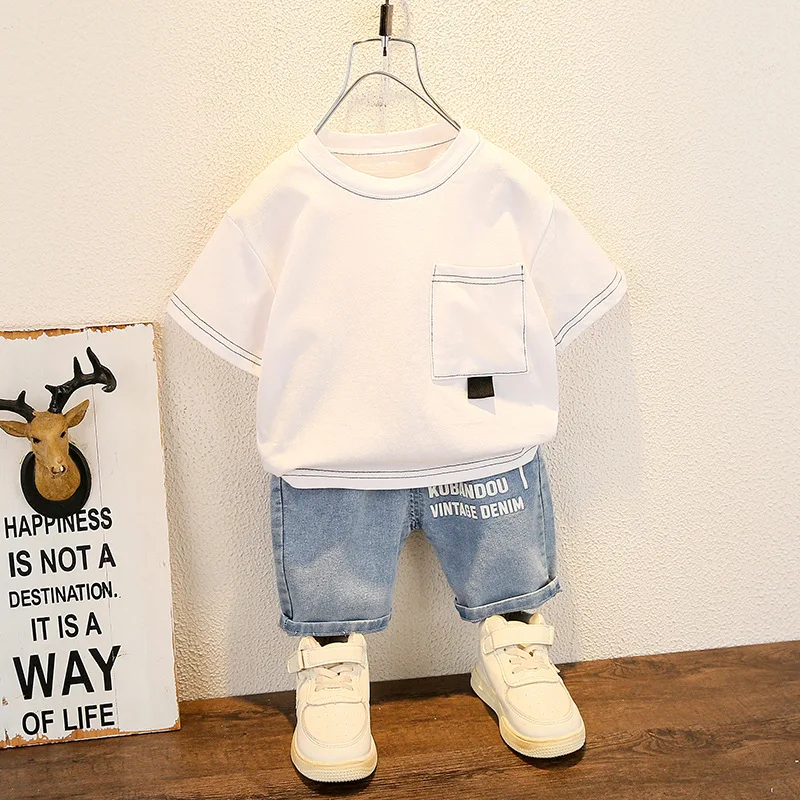 New Children Fashion Summer Clothing Toddler Baby Boy Solid Pockets Cotton T-shirt Denim Shorts 2Pc/set Infant Clothes Tracksuit