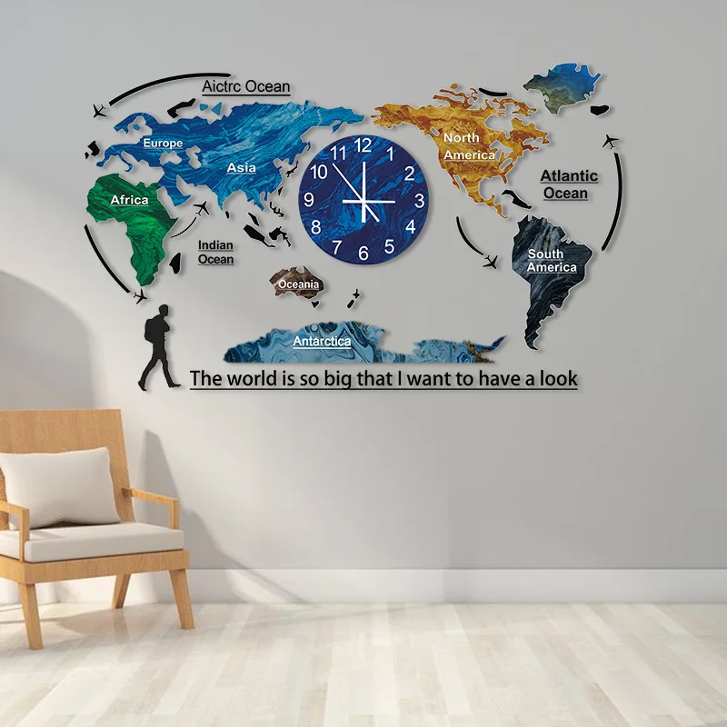 Nordic 3D Wall Clock World Map Watches Wall Clocks Home Decor Silent Creative Home Living Room Bedroom Decoration Zegary Gift