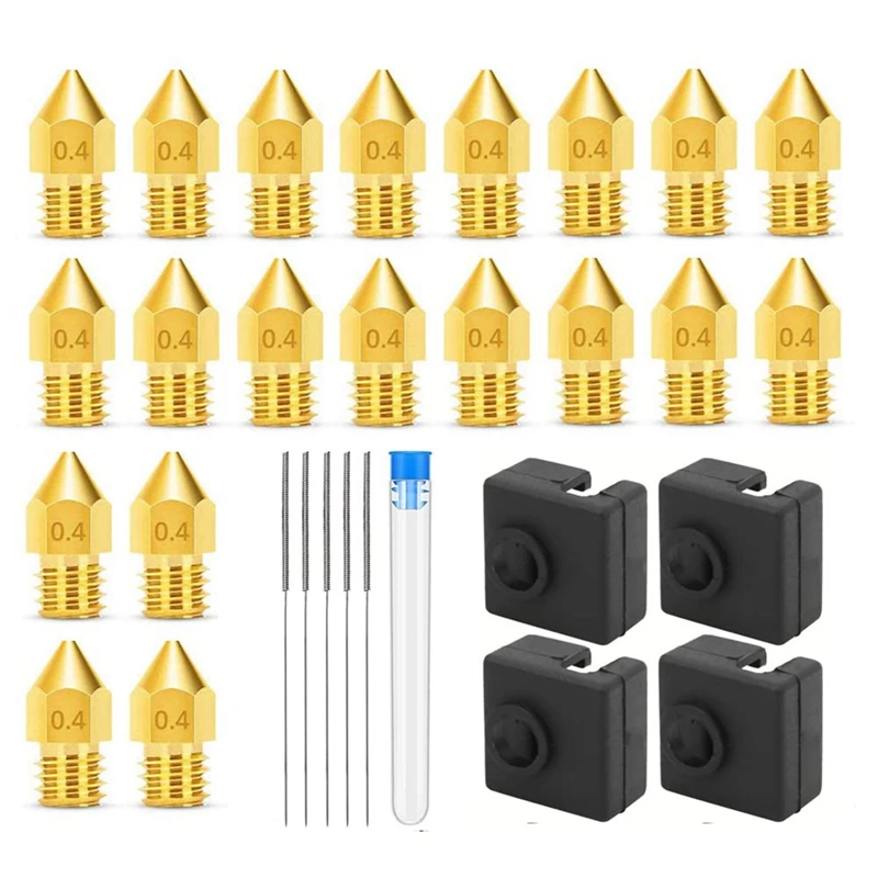 Boquillas para impresora 3D, 0,4 MM, MK8 Ender 3, 20 unidades con 4 cubiertas de silicona de bloque calefactor, para Ender 3 V2 con 5 agujas