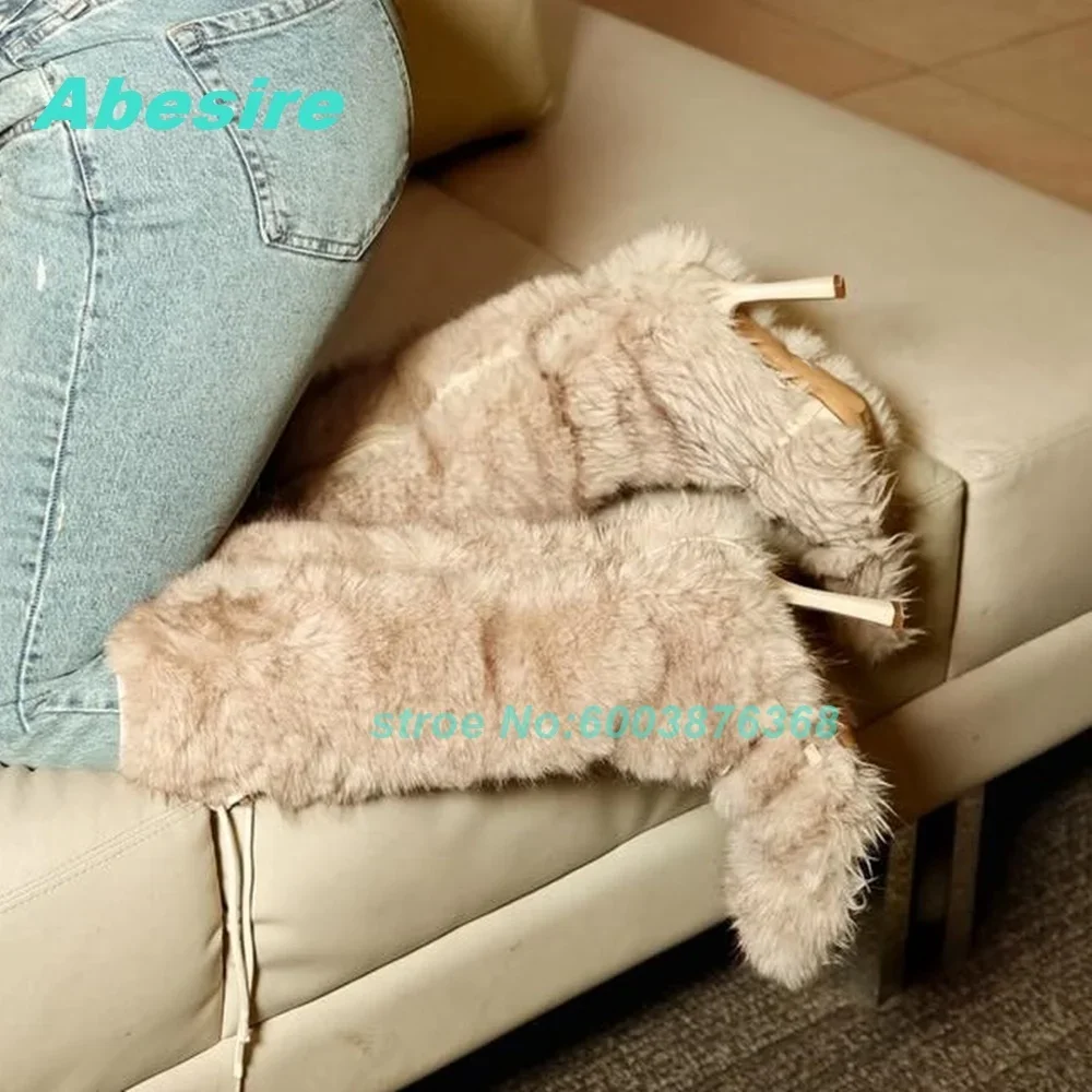 Spicy Girls Winter Fashion Show Shoes New Fluffy Fur Knee High Boots Round Toe Cross Tied Thin Heels Sweet Shoes for Women