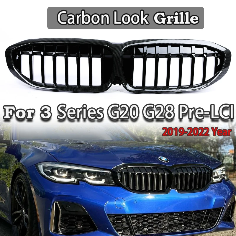 

For 3 Series G20 Pre-LCI 2019-2022 Single Slat Grille Half Carbon Gloss Black Tri-Color Water Transfer Printing Kidney Grill