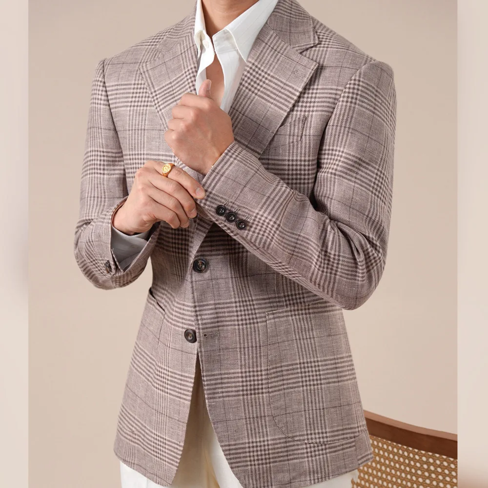 Spring Italian Prince Check Linen Suit Men's Business Casual Gentleman Retro Lined Blazer Blend Blazers Para Hombre Suit Coat
