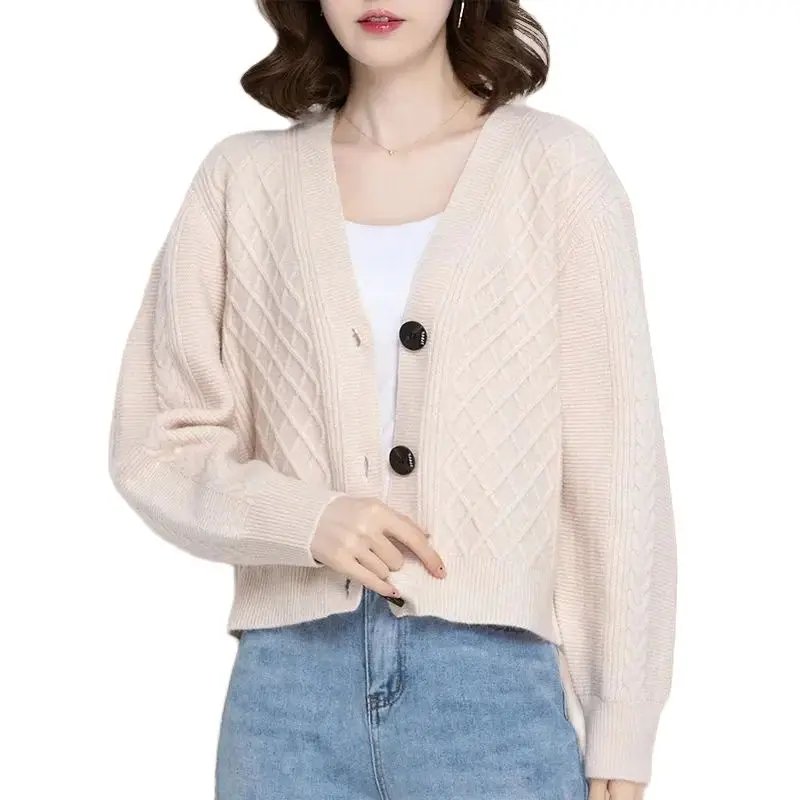 Spring Autumn Short Sweater Jacket Women 2024 New Fashion V-Neck Pure Colour Knitwear Loose Single-Breasted Buckle Coat Female