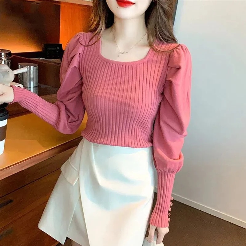 Autumn Winter New Women\'s Pullovers Commuter Square Collar Screw Thread Folds Puff Sleeve Elegant Slim Versatile Sweaters Tops