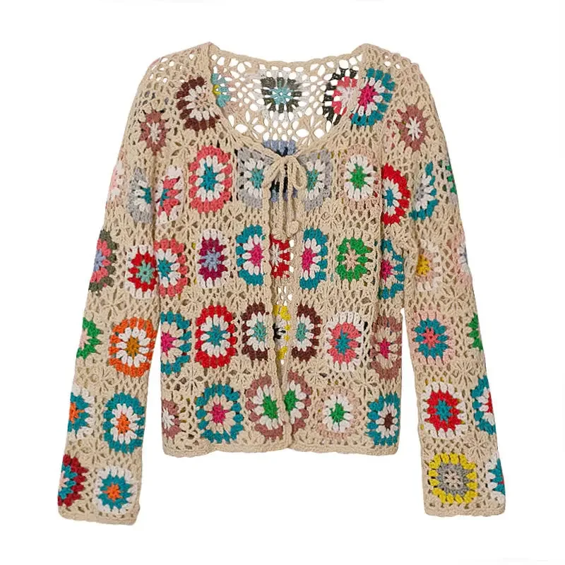 Hollow crochet sweater jacket 2023 spring and autumn fashion women\'s loose ethnic style cardigan jacket casual sweater