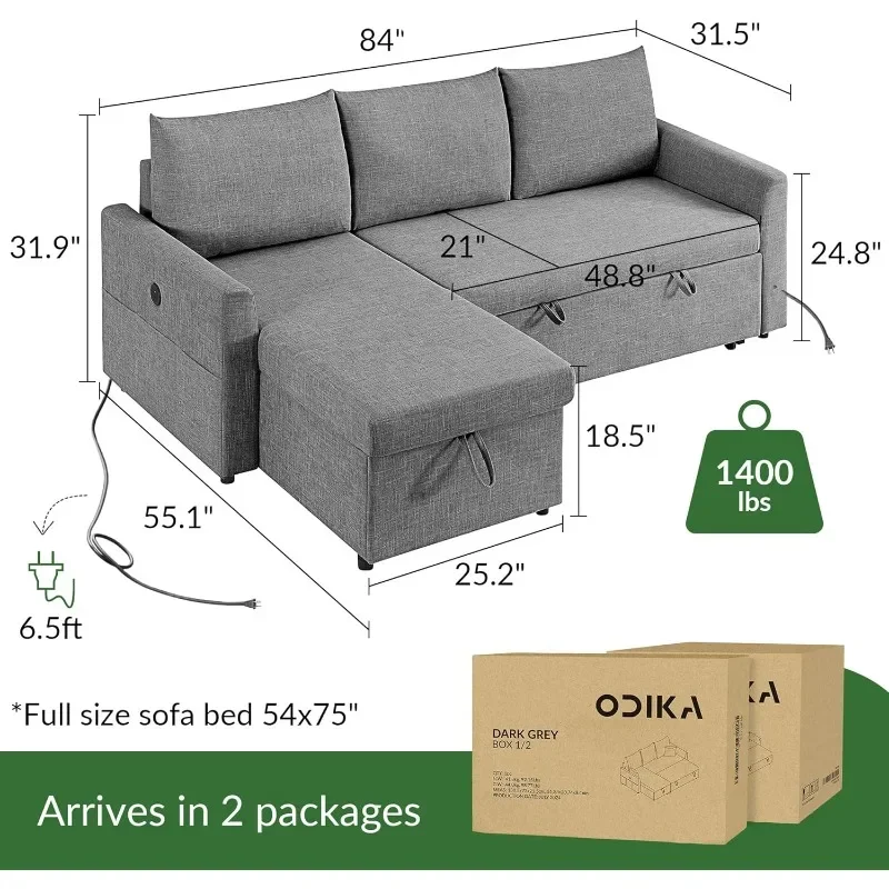 L-Shaped Convertible Sleeper Sofa Bed for Living Room 84” Combo Sofa - Pullout Bed with Storage Cabinet