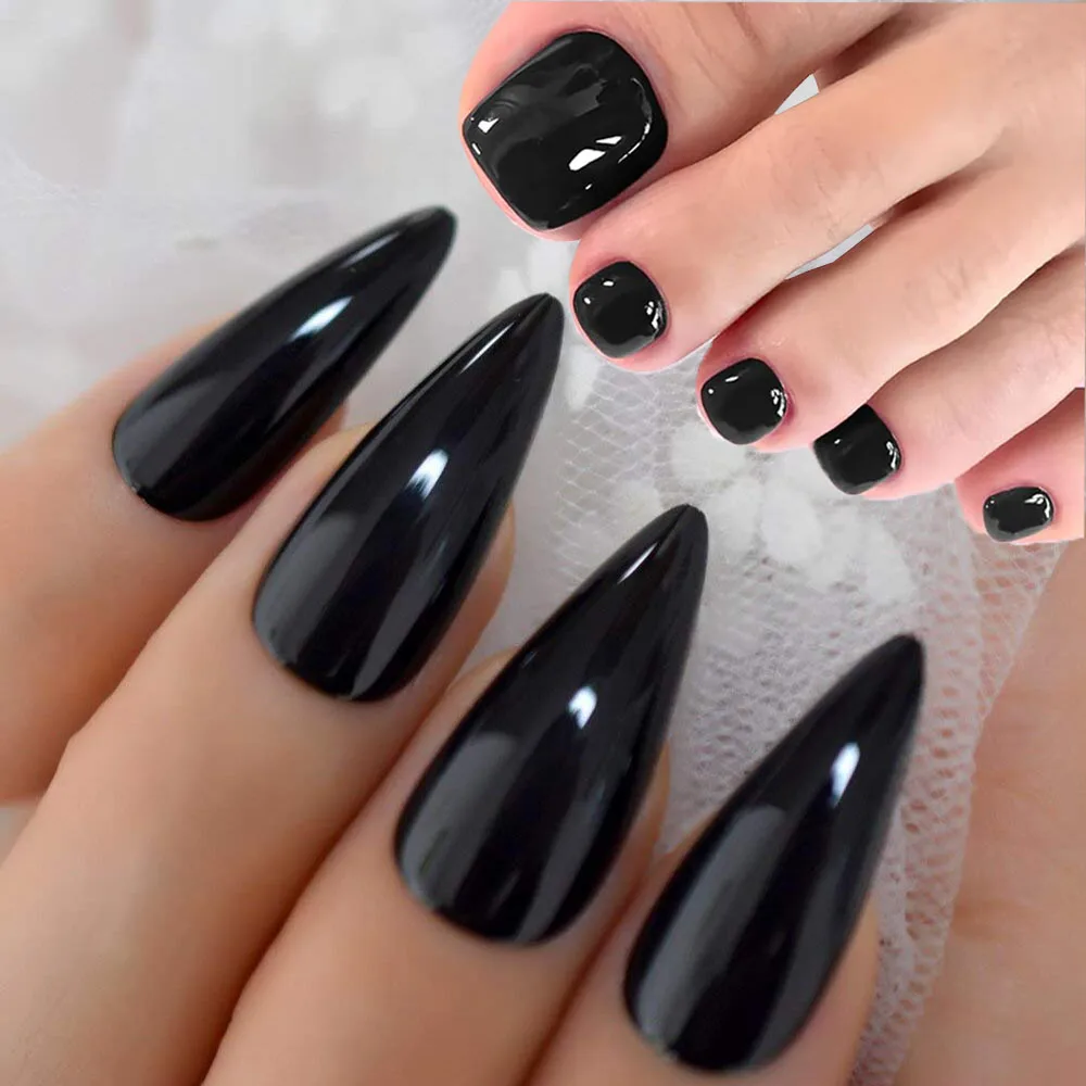 120 قطعة/صندوق أظافر اليد السوداء + أظافر القدم غطاء كامل الأظافر وهمية لامعة قصيرة اللوز على الأظافر وأظافر مربعة مجموعة مانيكير بها بنفسك ﻿