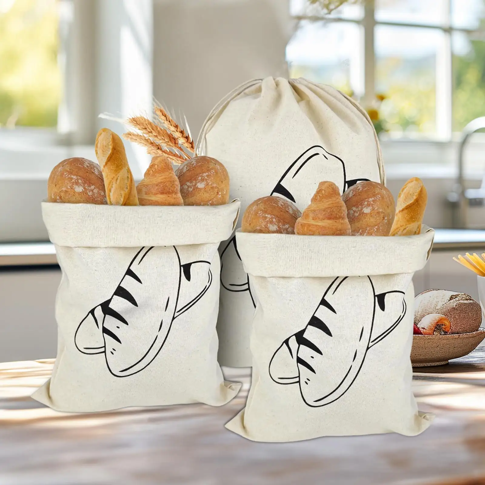 3Pcs Bread Bags with Drawstring Portable Food Storage Bags Totes for Party Supplies Kitchen Household Cafe Family Gatherings