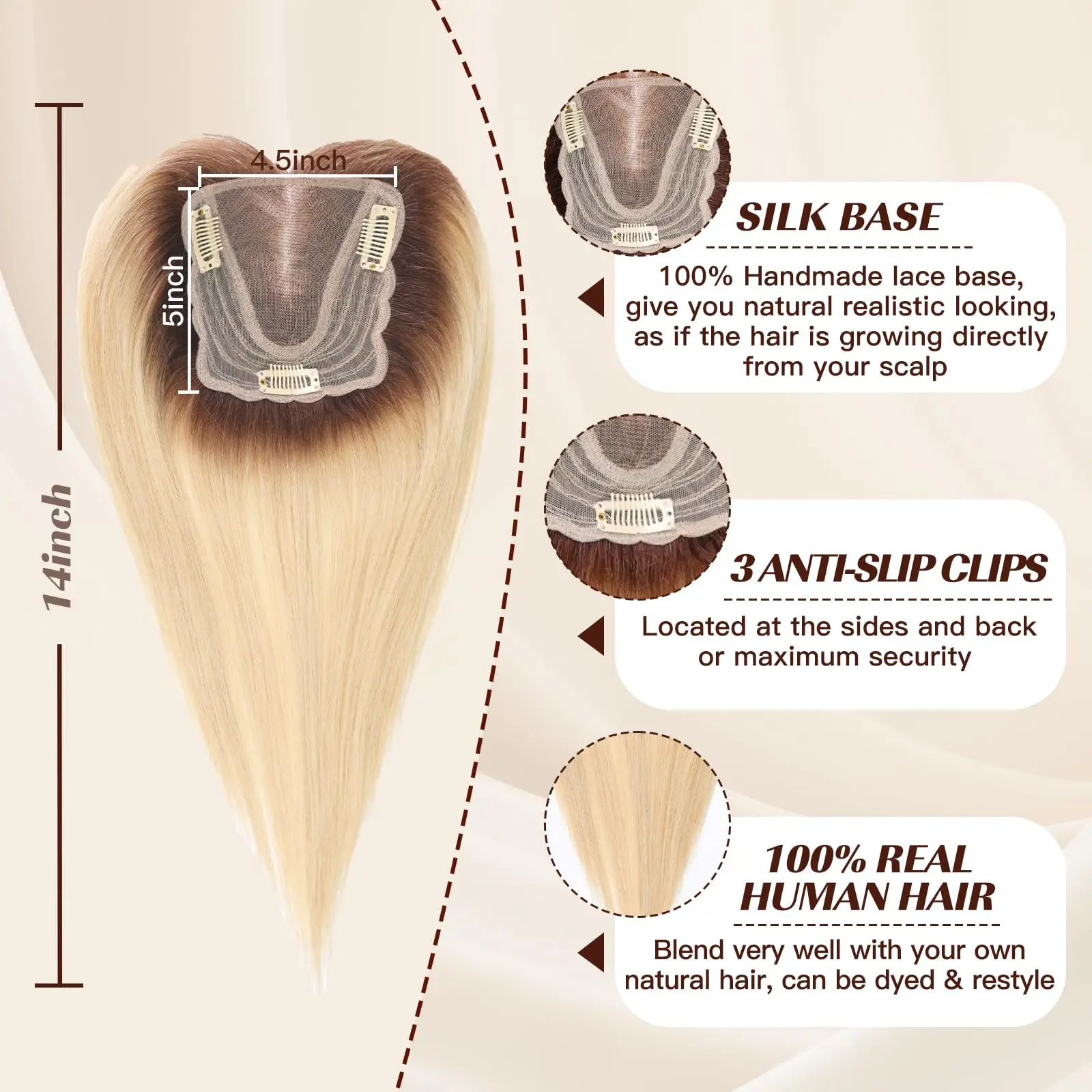 14 Inch Blonde to Brown Ombre 100% Human Hair Toppers with Dark Root Middle Part Lace Base Clip In Hairpiece Remy Extensions