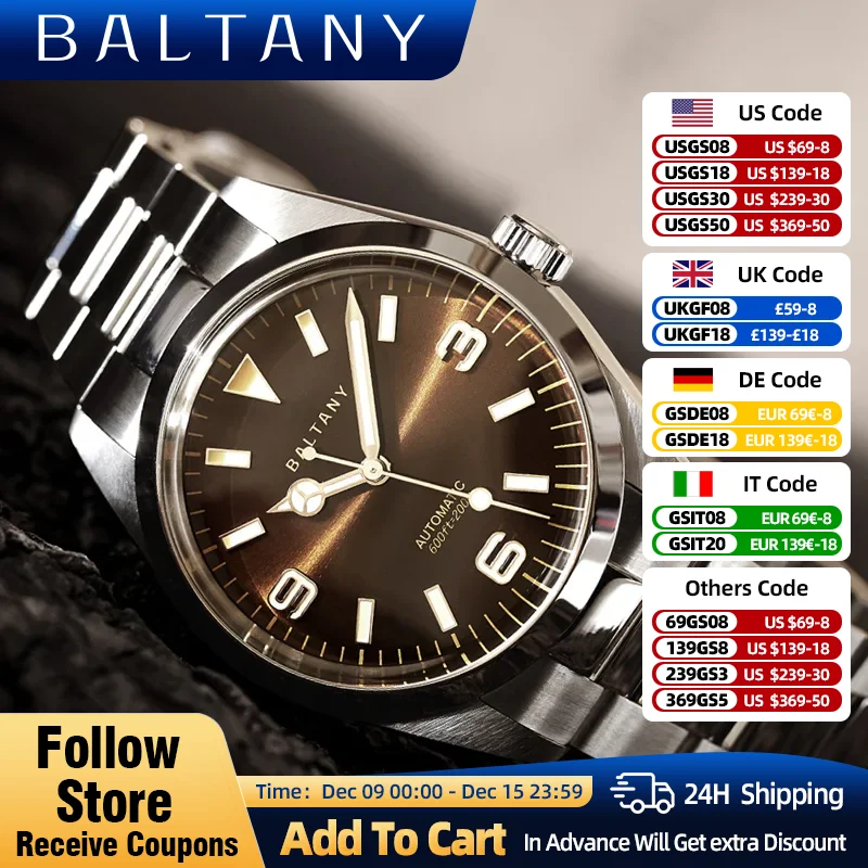 Baltany Explorer-Montre HIslande Étanche à 200m, Bracelet en Acier Inoxydable NH38, Verre Saphir avant, Montre Vintage Shoous