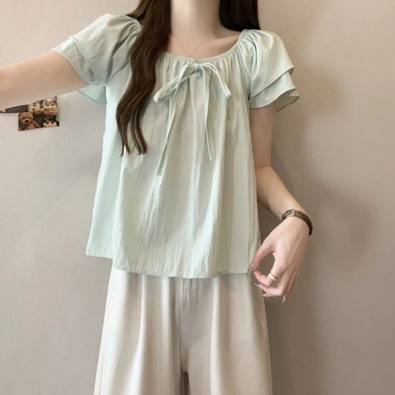 Chemise coréenne plissée à laçage avec nœud, hauts pour femmes, vêtements d'été, fin, manches courtes, couleur unie, ample, doux, mode décontractée, tendance