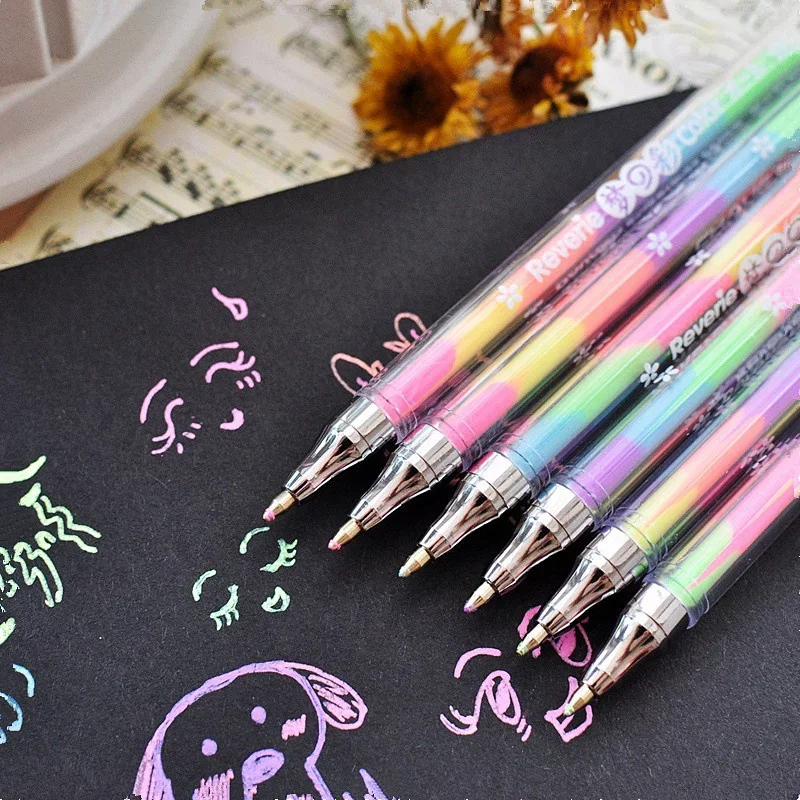 2/8/12Pcs 6 in 1 Rainbow colorful gel pen Highlighters gel Arrow Pen Marker Stationery Colorful Painting Stationery Writing Pen