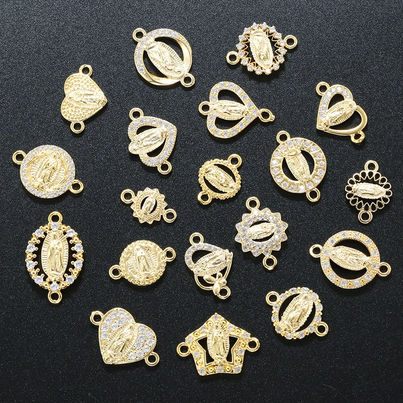 ZHUKOU Golden-plated Brass Catholic Virgin Mary Pendant Crafts Double Holes DIY Bracelet Necklace Accessories