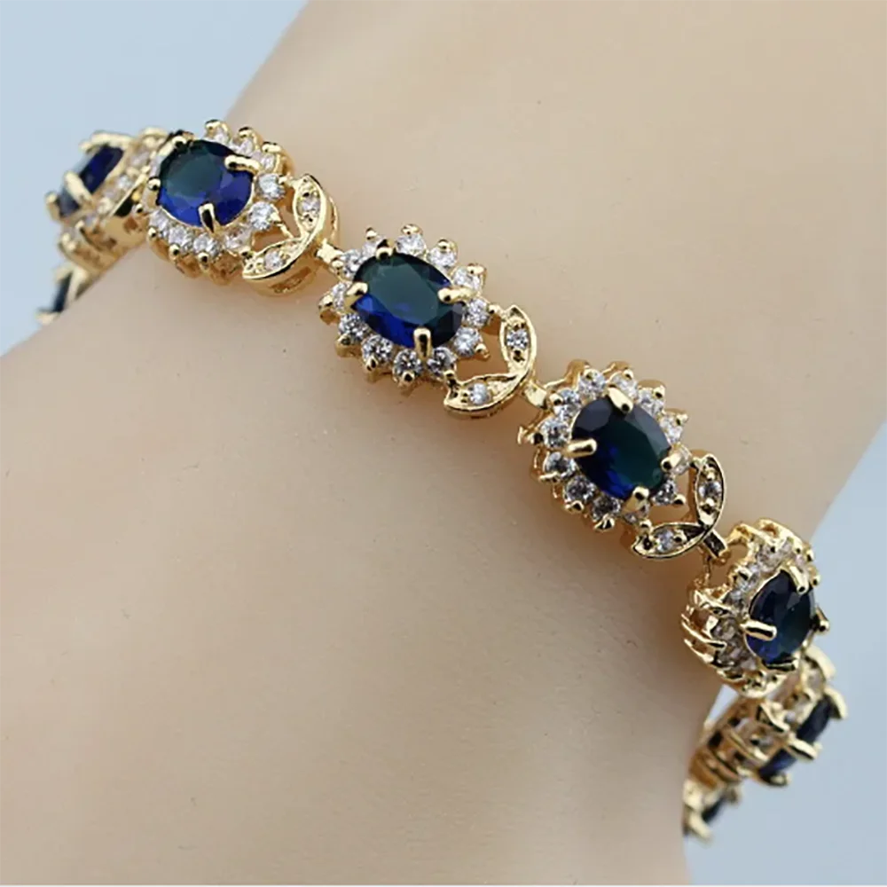 African Women Wedding 18K Gold Plated Jewelry With Blue Stone Female Bracelet