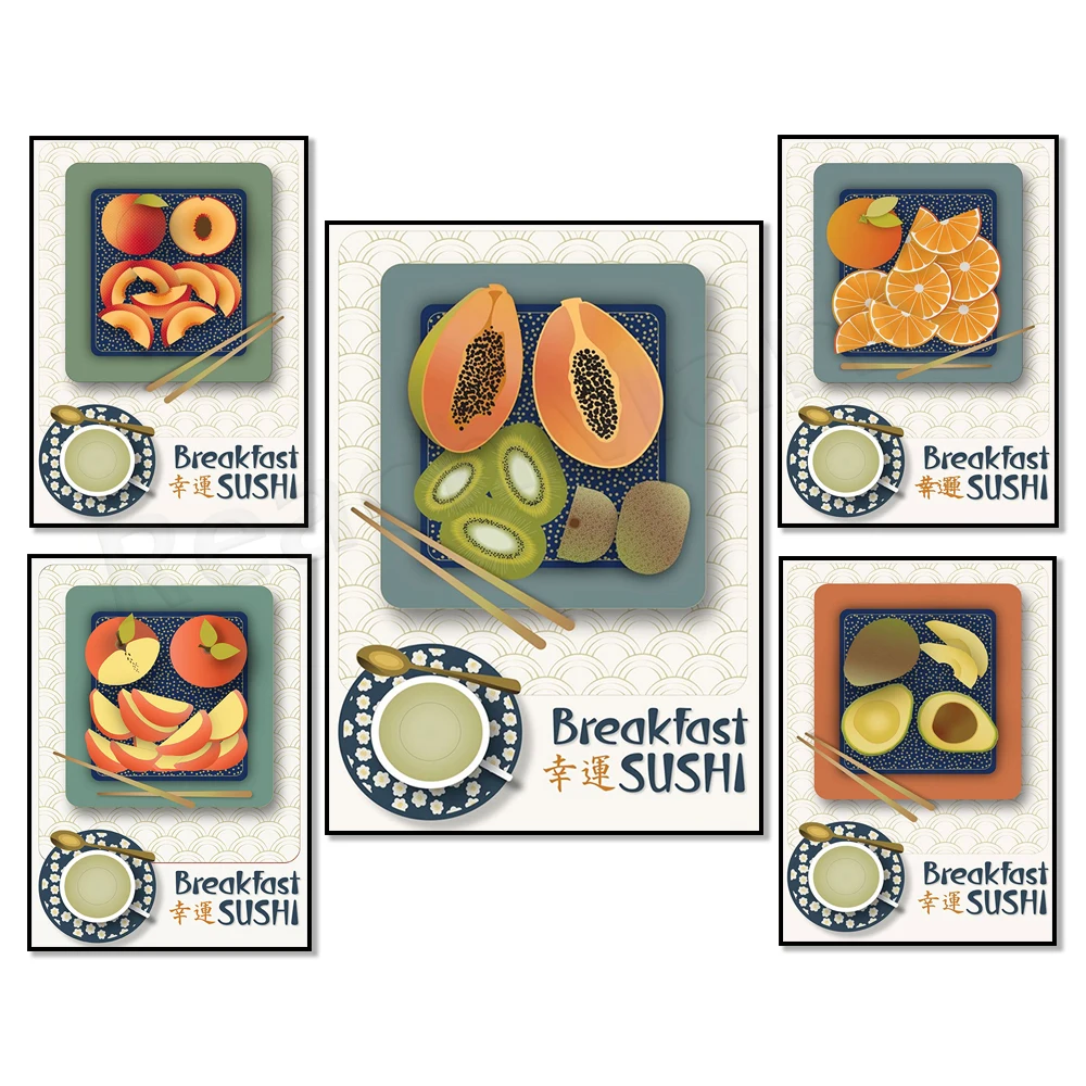 Japanisches lebensmittel plakat, küchen wand dekor, illustration sushi wand kunstdruck, orange, pfirsich, apple, kiwi, papaya, avocado