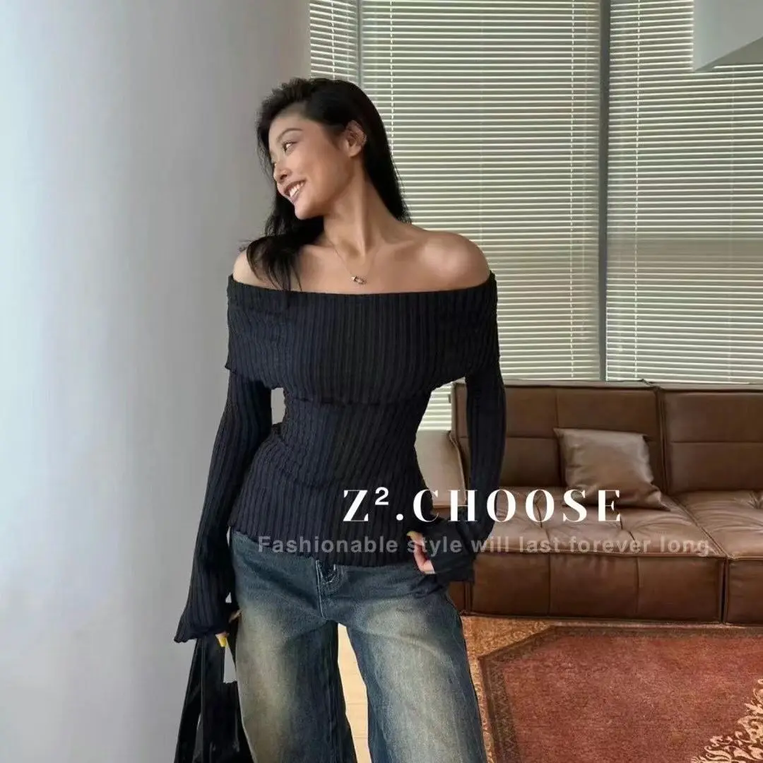 American High Street Pullover One Shoulder Gentle Women\'s Outfit Knitted Off Shoulder Waist Cinching Slim Fit Koszula z długim rękawem