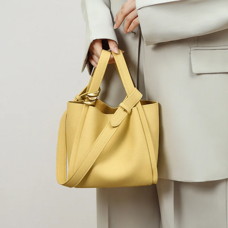 Spring Summer Yellow Bucket Tote Bag Brand Designer Fashion Cowhide Leather Women Handbag Luxurious Ladies Shoulder Bag