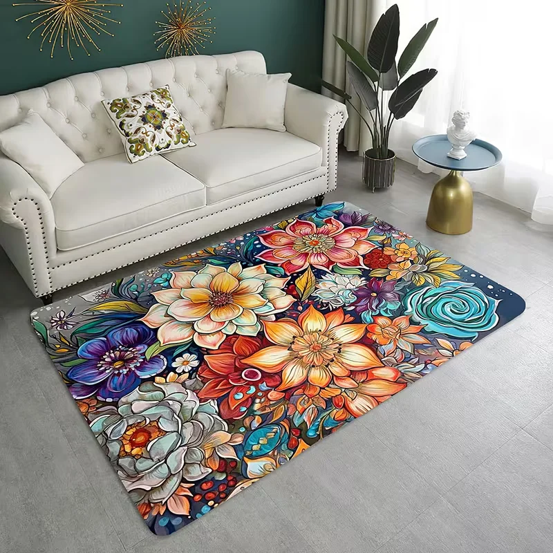 1pc Flower Print Floor Mat for Living Room Home Welcome Mat Bedroom Bedside Decoration Area Carpet Kitchen Non-slip Rug
