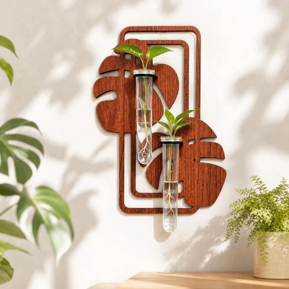 Wall Shelf Wooden Hydroponic Planter Shelf Home Ornaments Vase Wall Decoration Retro Leaf Shape