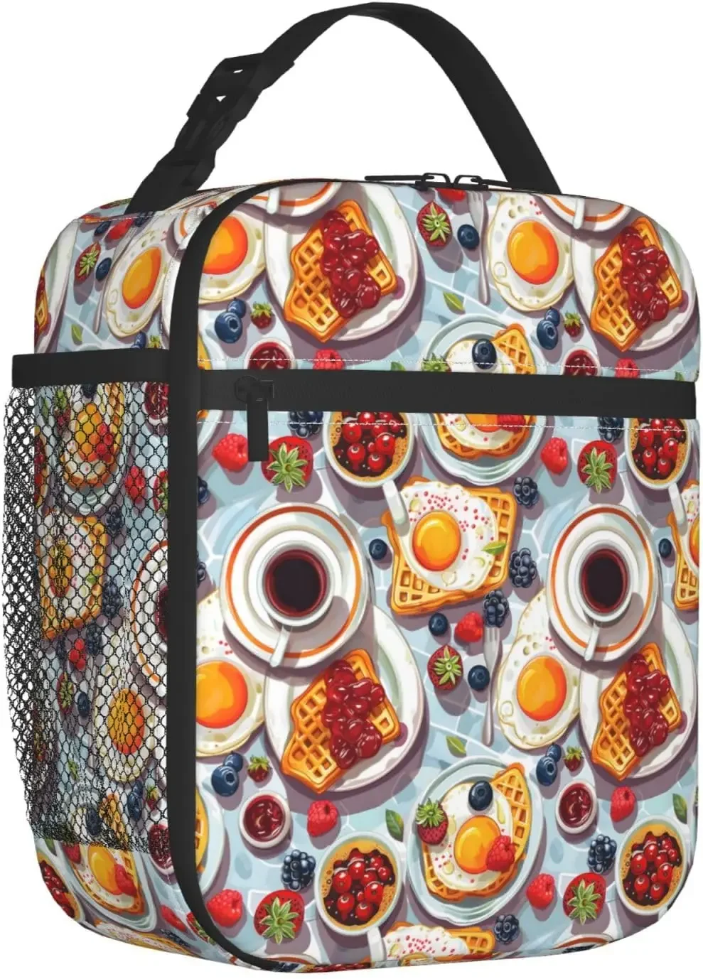 Colorful Breakfast Lunch Box for Women Kids, Insulated Cooler Polyester Waffles Eggs Berries Coffee Lunch Bag