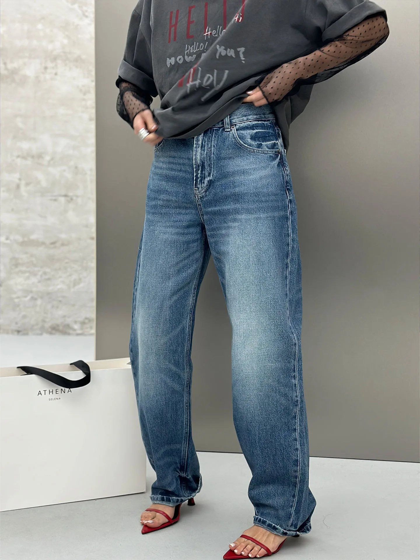 

Retro Sle Cotton Blend Straight Leg Distred Denim Pants Women's Spring High Waist Wide Leg Casual Pure Color