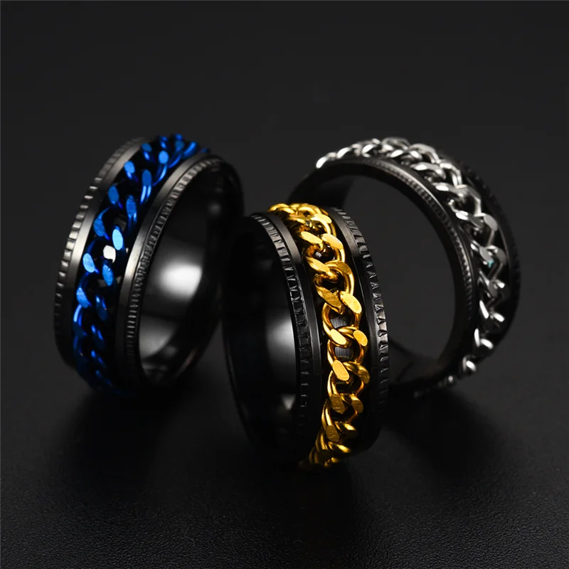 Cool Stainless Steel Rotatable Men Ring Fashion 8mm Spinner Chain Anxiety Black Rings Punk Women Jewelry Anillos De Hombre