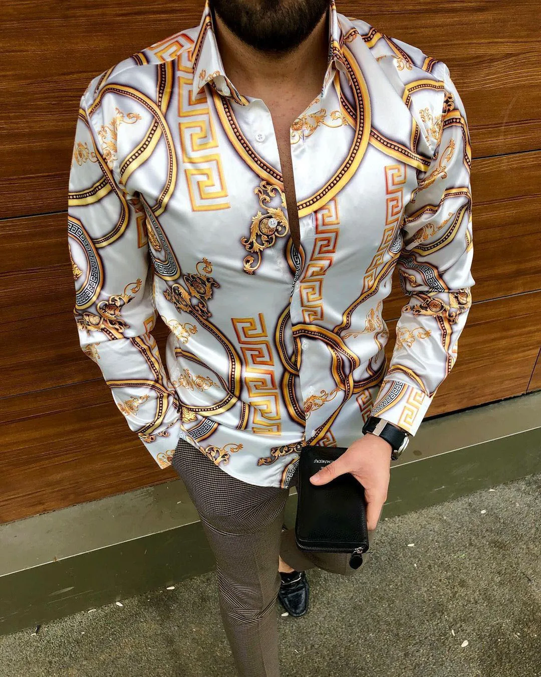 Men Firework Star Print Satin Shirt Glossy Long Sleeve Button Up Party Shirt