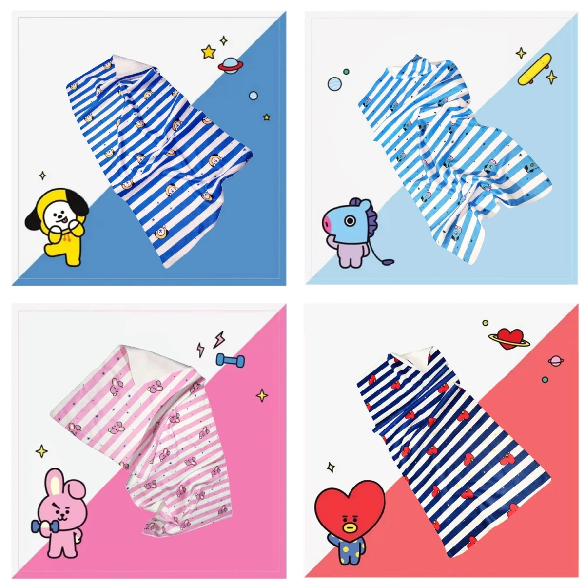 Мягкое полотенце в стиле аниме Bt21, полосатый узор, 74,5 см x 36 см, Kawaii SHOOKY MANG KOYA CHIMMY, впитывающие впитывающие полотенца для ванной комнаты, дома, для мытья лица