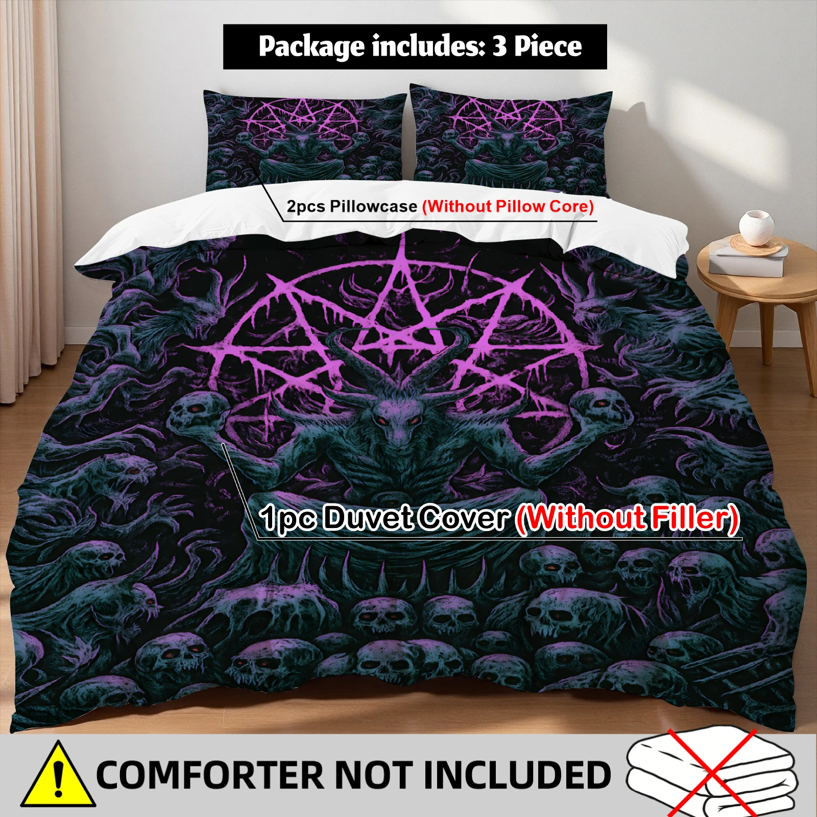 

Purple Pentagram Demon Duvet Cover Set Gothic Skull Occult Bedding For Gothic Lovers Bedroom Twin Queen King Size 2 Pillowcases