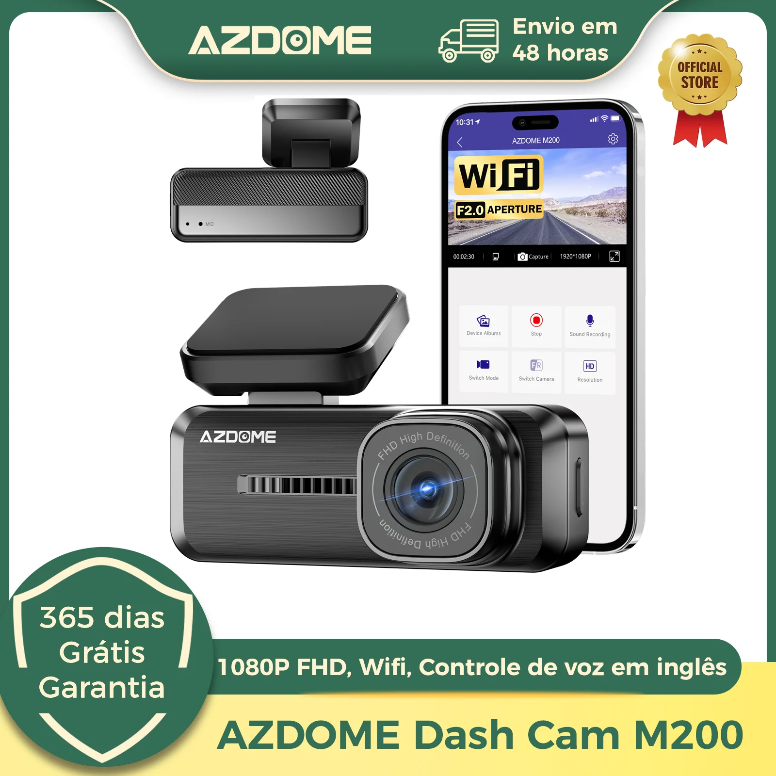 Azdome dash cam m200 1080p fhd wifi câmera de carro inglês controle de voz carro dvr visão noturna g-sensor 24h monitor de estacionamento