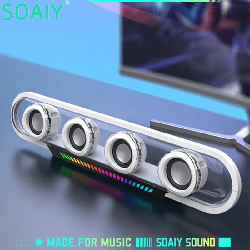 Bluetooth 5.3 Wireless Computer Speaker 3D Surround Sound Subwoofer Speakers with RGB Music Rhythm Light Transparent Soundbar TF