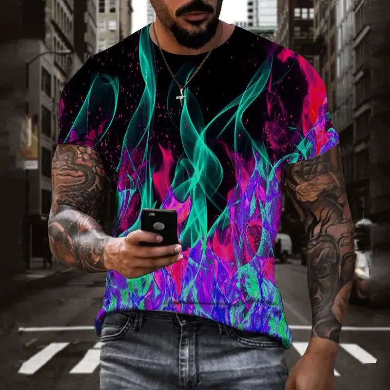 Cool Flame Men 3d Printed Striped T-Shirt Summer Men\'s Street Fashion Casual Sports Loose O Neck Quick Dry Short Sleeve Clothing