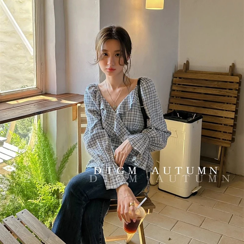 Chic Plaid Shirt Women Korean Fashion Ruffles Flare Sleeve Tops Summer New Lace up Casual Office Ladies Long Sleeve Blouse New