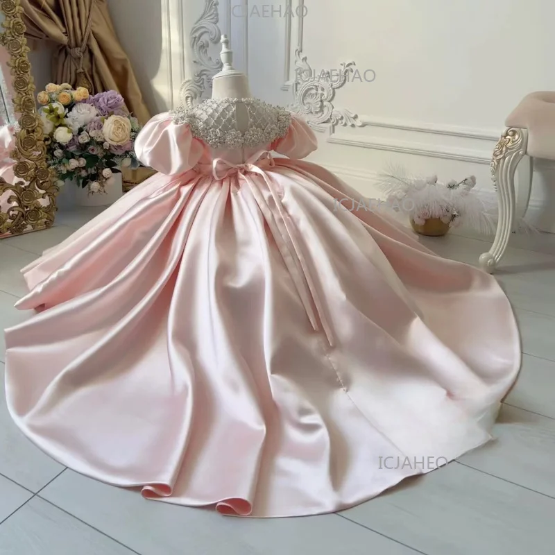 Children Pink Puff Sleeve Satin Long Full Skirt Beaded Sweep Train Girls Princess Gown Birthday Party Banquet Elegant Gown view 4