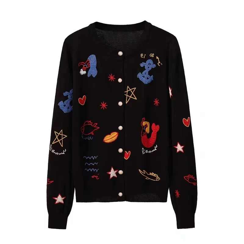 Cartoon Embroidery Sweater Women Autumn New Long Sleeve Knitted Cardigan Jacket Top Femme Knitwear Mujer Leisure Pearls Jumper