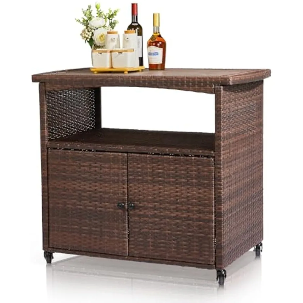 

Wicker Outdoor Bar Cart with Storage & Rolling Wheels, Patio Bar Table w/Shelf, Outdoor Storage Cabinet Buffet Cabinet Grill Ca