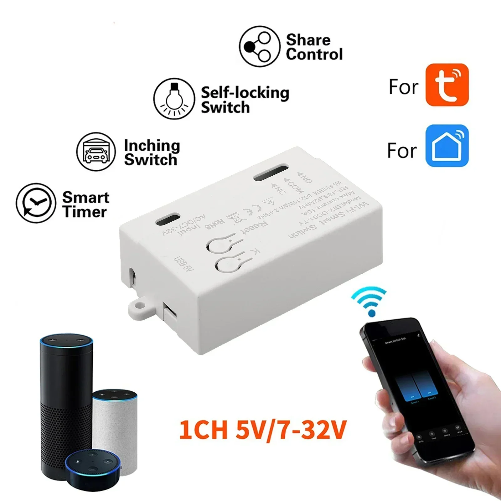 Wifi módulo de comutação, 433mhz, 220w/10a, para casa, mini controle remoto com temporizador para app, diy-dc01-ty, 1pc