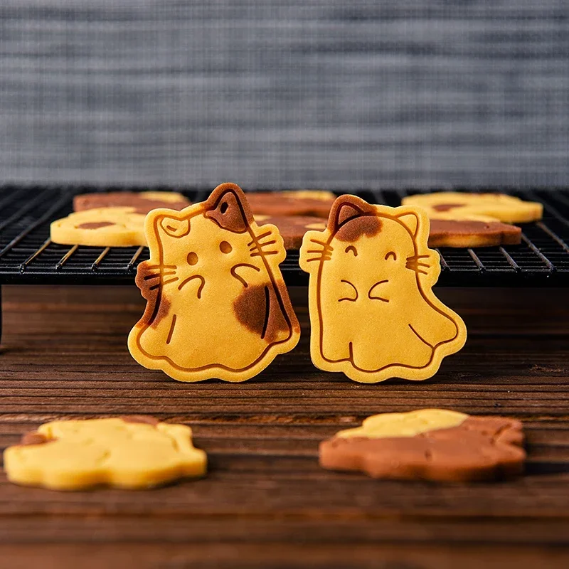 Cartoon Kitten Cookie Mold Cute Ghost Fondant Cookie Cutter Frosting Dessert Decorating Tool Halloween Christmas Baking Supplies