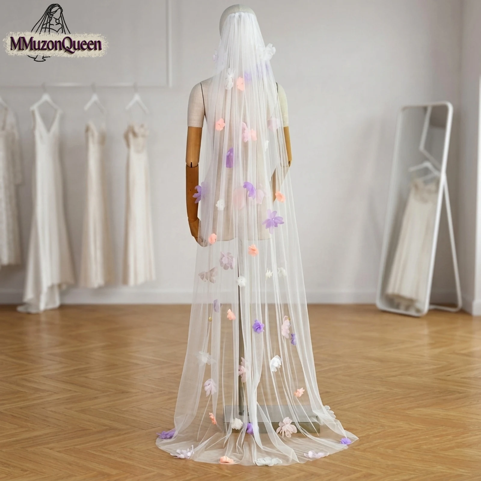 TOPQUEEN Bride In Spring Colorful Flower Velo De Novias Vestido De Novia Para Boda Por La Iglesia 2m Length Voile MariéE M159